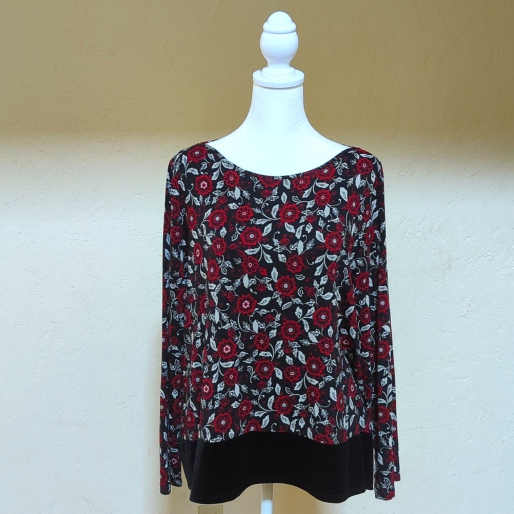 J. Jill Wearever Collection Red and Black Floral Blouse (Large Petite)